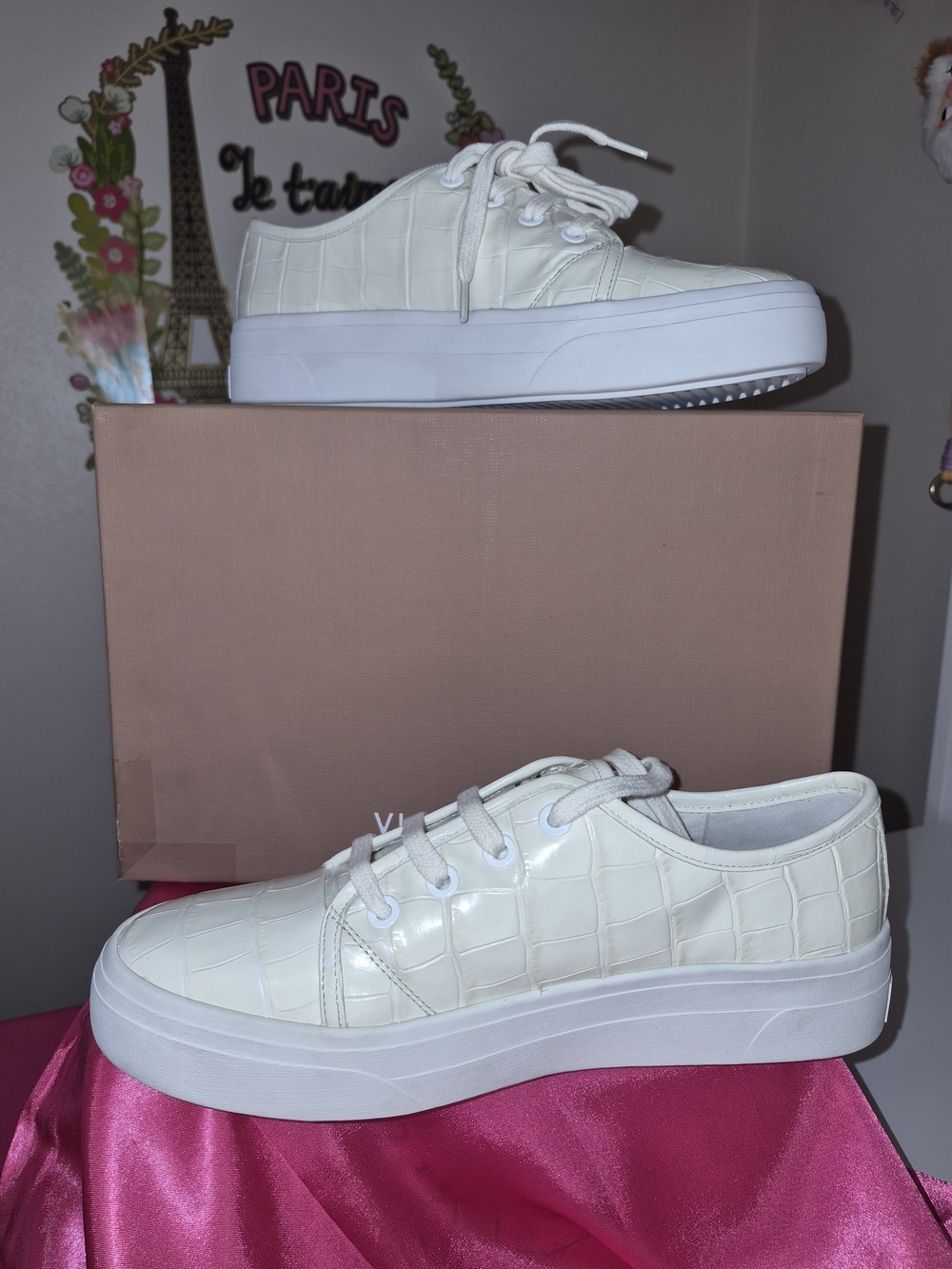 Via Spiga White Croc-Embossed Platform Sneakers
